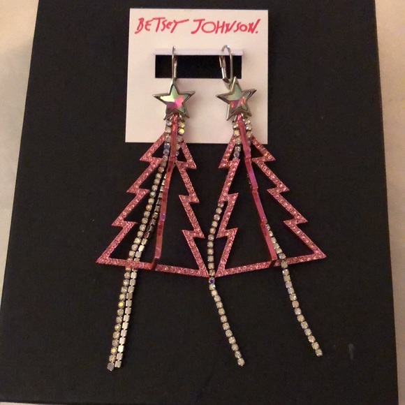 Betsey Johnson Silver Tone & Pink Metal Christmas Tree Drop Earrings Fringe NWT - Picture 4 of 13